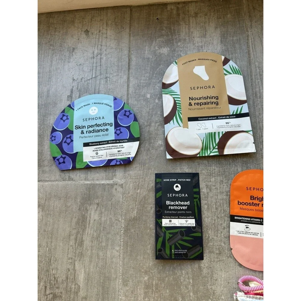 SEPHORA COLLECTION Set of 8 Face & Body Masks & Zipper Silver Makeup Bag NEW